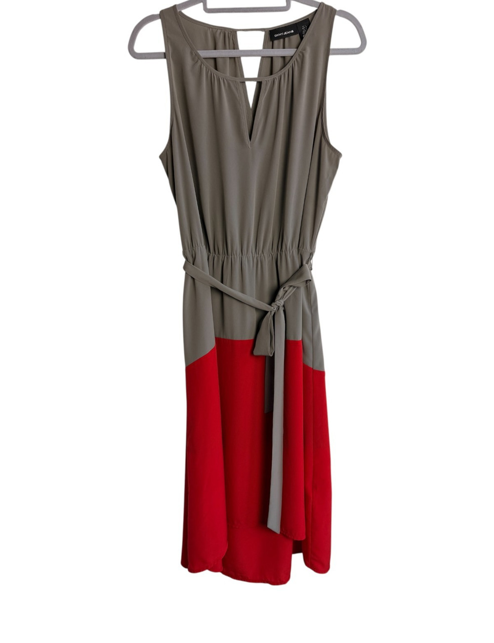DKNY Jeans Womens L Taupe Red Colorblock High Low Midi Dress V Neck Sleeveless
